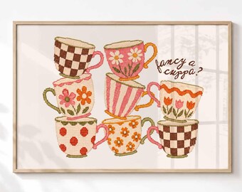 Fancy A Cuppa Print, Tea Cup Wall Art, Tea Time Decor, Retro Kitchen Art, Eclectic Kitchen Wall Art