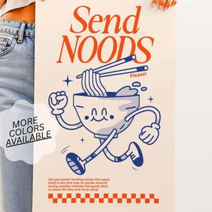 Art mural imprimable Send Noods, impression de pâtes drôles, affiche de nouilles de cuisine, oeuvre d&#39;art de ramen, décoration murale d&#39;appartement, impression de typographie de cuisine tendance