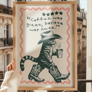 コーヒーコーナープリント、猫のコーヒープリント、コーヒーカートプリント、キッチンウォールアート、バリスタはキュートなプリント、コーヒーカウボーイアート、アパートウォールアート