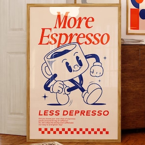 Arte murale della stazione del caffè / Poster con citazione sul caffè, opera d'arte del bar del caffè, stampa More Espresso Less Depresso, arte murale retrò, arte moderna di metà secolo