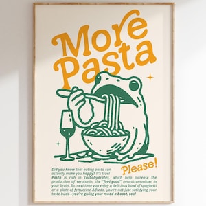 More Pasta Please Print, Pasta Wall Art, Eating Pasta Art, Kitchen Counter Art, Retro Wall Art, Funny Frog Art, Apartment Art, Pasta Lover