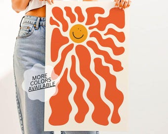 Impresión "Here Comes the Sunshine": arte de pared bohemio retro con sol alegre, decoración moderna para habitaciones infantiles y juveniles, póster moderno de mediados de siglo.