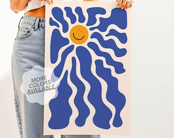Here Comes the Sunshine Print – Boho Retro Happy Sun Printable Wall Art, Groovy Nursery & Kids Room Decor, Mid Century Modern Poster