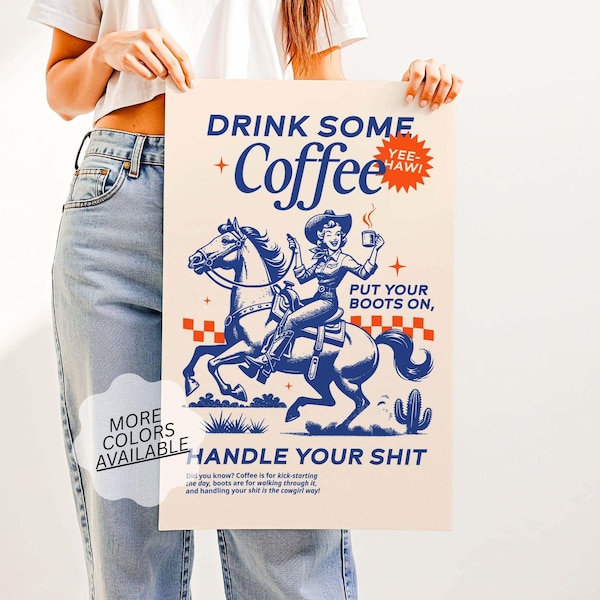 Coffee Station Wall Art | Coffee Quote Poster, Western Kitchen Art, Apartment Prints, Coffee Cowboy Art, Drink Some Coffee Put Your Boots On