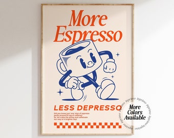 Meer espresso minder Depresso kunst aan de muur, koffie offerte kunst aan de muur, koffie station kunst aan de muur, koffiebar print, schattig appartement prints, retro citaat
