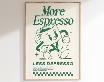 Coffee Station Wall Art | Coffee Quote Poster, Coffee Bar Artwork, More Espresso Less Depresso Print, Retro Wall Art, Printable Wall Art