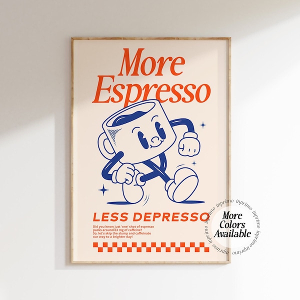 More Espresso Less Depresso Wandkunst, Kaffee Zitat Wandkunst, Kaffeestation Wandkunst, Kaffeebar Druck, süße Wohnung Drucke, Retro Zitat