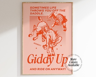 Giddy Up Poster, Cowboy Quote Print, Fun Aesthetic Apartment Decor, Western Apartment Wall Art Men, Artwork Above Couch, Horseback Riding