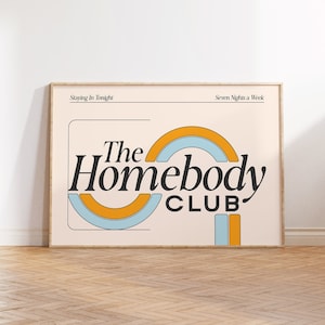 The Homebody Club Wall Art, Above Couch Art, Horizontal Art, Fun Apartment Art, Fun Retro Print, College Apartment Art, Introvert Quote Art