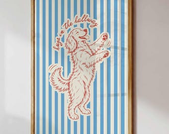 Hugs In The Hallway Print, Golden Retriever Wall Art, Hand Drawn Funny Dog, Entry Way Decor