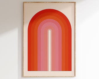 Puede incluir: Una impresión enmarcada de un diseño de arcoíris geométrico en tonos rojos, naranjas y rosas. El arco está formado por líneas finas y verticales.
