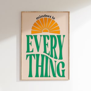 La mentalidad lo es todo, arte de pared imprimible, sol, retro, cartel estético, cartel de los años 70, arte de pared groovy, arte de pared de afirmación, cartel de los años 70