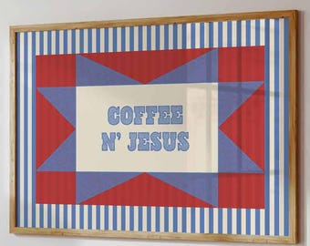 Coffee and Jesus Wall Art, Christian Kitchen Print, Coffee Nook Sign, Mid Century Modern, Western Poster