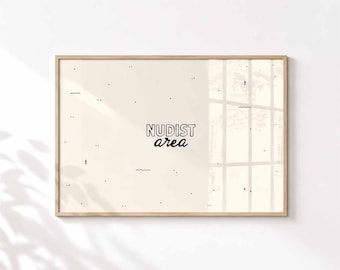 Lámina para zona nudista, póster divertido para el baño de invitados, decoración de pared para encima del inodoro, cita escrita a mano.