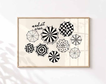 Nudist Area Bathroom Print, Quirky Hand Drawn Wall Art, Striped Beach House Decor