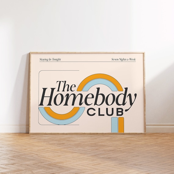 The Homebody Club Wall Art, Above Couch Art, Horizontal Art, Fun Apartment Art, Fun Retro Print, College Apartment Art, Introvert Quote Art