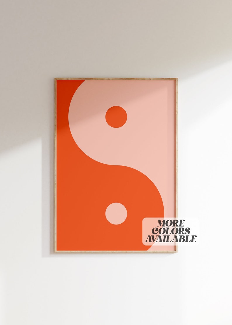 Ying Yang Wall Art Print, Trendy Wall Art Digital Download, Trendy Aesthetic Print, 70s Wall Art Download, Pink and Orange Wall Prints image 1