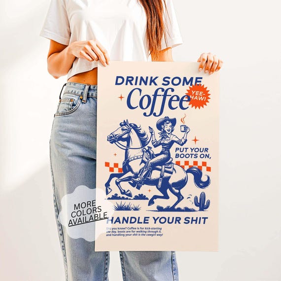 Coffee Station Wall Art | Coffee Quote Poster, Western Kitchen Art, Apartment Prints, Coffee Cowboy Art, Drink Some Coffee Put Your Boots On