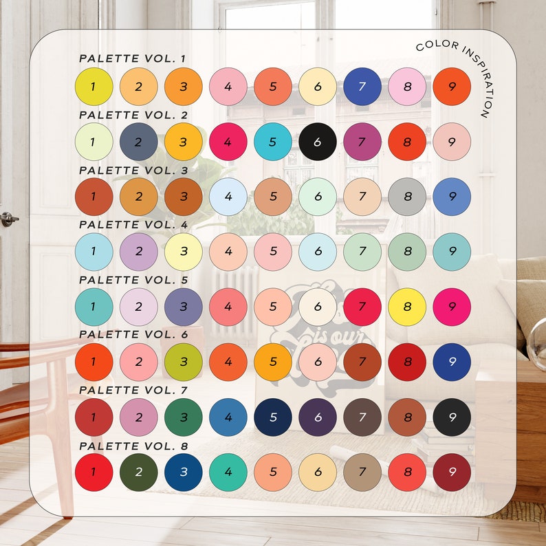 May include: A chart displaying eight colour palettes, each with nine colour swatches. The palettes are labelled "Palette Vol. 1" through "Palette Vol. 8". Each colour swatch is numbered 1 through 9. The chart is titled "Color Inspiration".