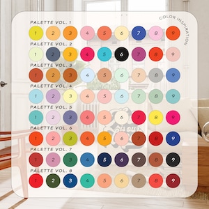May include: A chart with eight different color palettes, each with nine color swatches. The palettes are labeled "Palette Vol. 1" through "Palette Vol. 8". Each color swatch is numbered 1 through 9. The chart is titled "Color Inspiration".