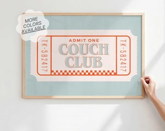 Couch Club Ticket Print, Retro Large Wall Art for Above Couch, Horizontal Living Room Decor