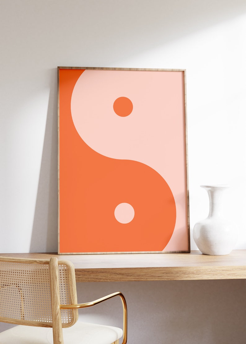 Ying Yang Wall Art Print, Trendy Wall Art Digital Download, Trendy Aesthetic Print, 70s Wall Art Download, Pink and Orange Wall Prints image 4