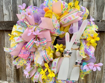 Spring Bunny Wreath: Pastel Easter Decor with Flowers