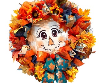 Scarecrow wreath for front door, pumpkin wreath, fall door wreath, sunflower wreath, autumn deco mesh wreath, scarecrow decor, autumn leaves