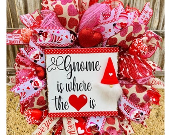 Valentine's Day Gnome Wreath: Pink Heart Door Decor (25")