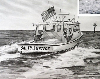 8&quot;x10&quot; Sketch Your Boat Hand Drawn Drawing Gift for Fishing Father Friend Sportfishing Nautical Home Decor Yacht Club Tuna Boat Personalized