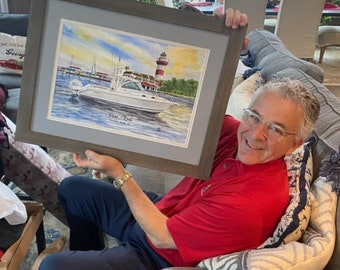 11x14&quot; Dads Boat Original Painting Hand Made Personalized Boat Portrait Sport Fishing Island Watercolor Gamefish Lighthouse Art Sportfishing