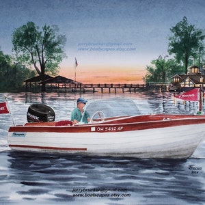 Custom 12x18&quot; Hand Painted Runabout Watercolor Antique Classic Boat Gift Chris Craft Mahogany Wooden Boat Lyman Thompson Garwood Hacker Gift