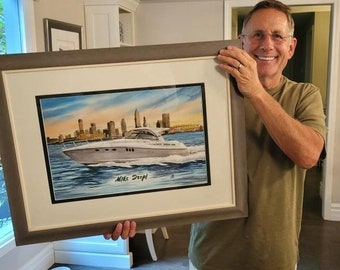 12x18&quot; Painting of Your Boat Personalize By Hand from Pics Fathers Day City Skyline Great Lakes Fathers Day SeaRay Boat Portrait for Husband