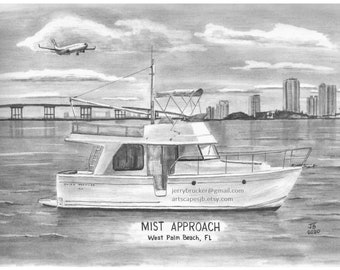 Custom Drawing 11&quot;x14&quot; BY HAND From Your Pictures Boat Yacht Bay Lake Ocean Mom Dad Son Boyfriend Parents Memorial Original Art Trawler Gift