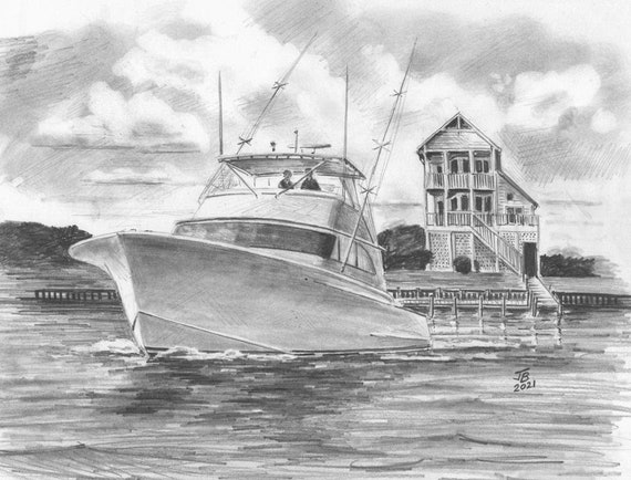 8x10 Drawing Your Boat Hand Drawn Sketch Gift for Fishing Father Friend Boat  Warming Nautical Home Decor Yacht Club Tuna Boat Personalized 