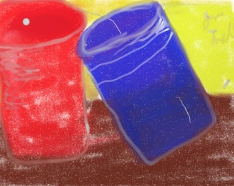 May include: Two cylindrical containers, one red and one blue, are sitting on a brown surface. The red container has a white dot on the top. The blue container has white lines on the side.