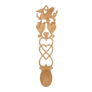 KD4 L - Welsh Wooden Lovespoon with Welsh Dragon Entwined Hearts - Can be engraved / personalised & Boxed - Hand Crafted Gift