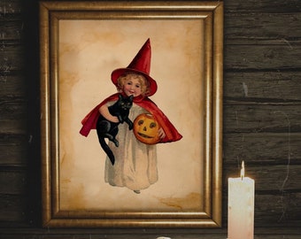 Halloween Vintage Witch Holding a Black Cat and Pumpkin Art Print, Vintage Halloween, Vintage Halloween Illustration, Vintage Halloween