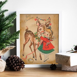 Impresión artística vintage navideña de niña abrazando a un ciervo, Navidad vintage, ilustración navideña vintage, arte navideño