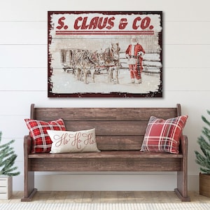 Christmas Santa Claus and Co. Canvas, Santa with Reindeer, Santa Sleigh Canvas, Classic Christmas Art, Winter Wall Decor, Vintage Christmas