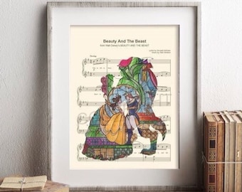 Beauty and the Beast Silhouette Stained Glass Tale As Old As Time Sheet Music Art Print