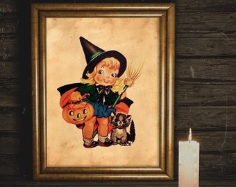 Halloween Vintage Young Witch With Black Cat Art Print, Vintage Halloween, Vintage Halloween Illustration, Vintage Halloween