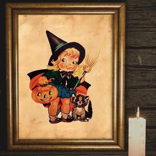 Halloween Vintage Young Witch With Black Cat Art Print Etsy