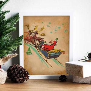 Christmas Vintage Santa and Reindeer Art Print, Vintage Christmas, Santa Sleigh, Santa Claus is Coming to Town, Vintage Santa, Christmas Art