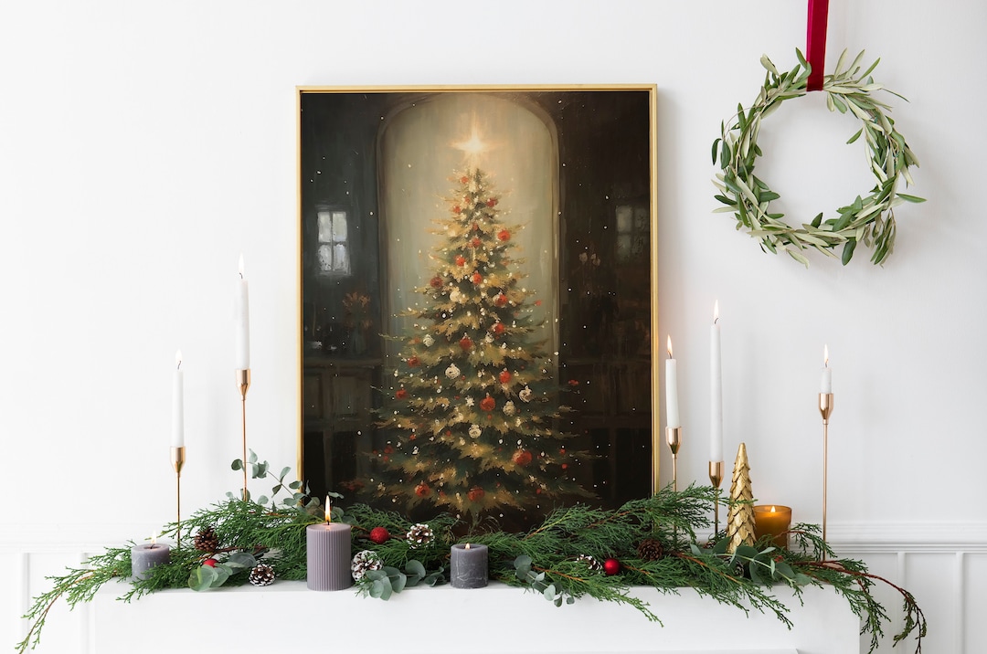 Vintage Christmas Tree Illustration Art Print, Vintage Christmas