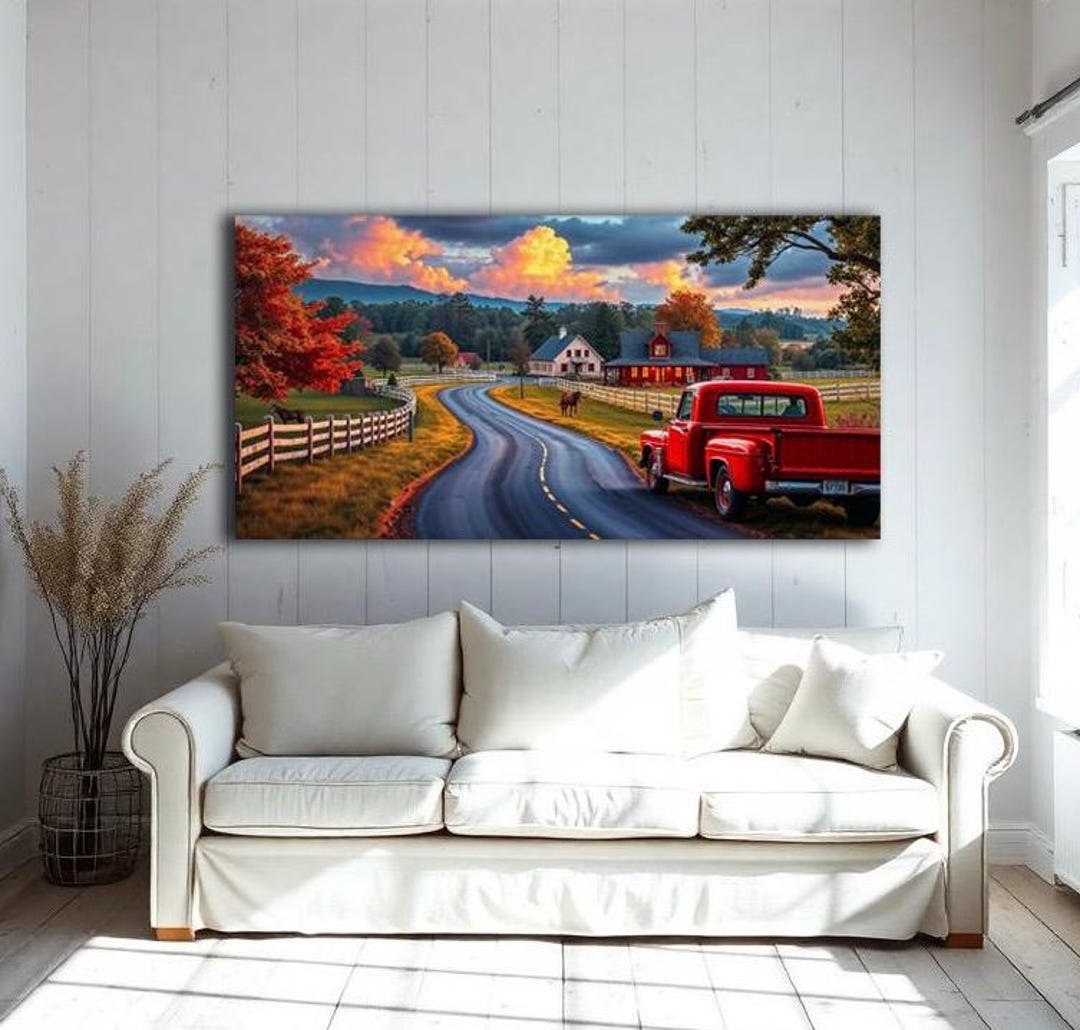 Image showcasing Rustic Country Farmhouse Wall Art - Autumn Landscape Print - Cozy Rural ...
