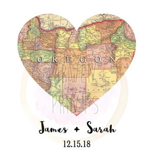 Verenigde Staten Kaart Hart Paar Namen en Datum Wedding Art Print