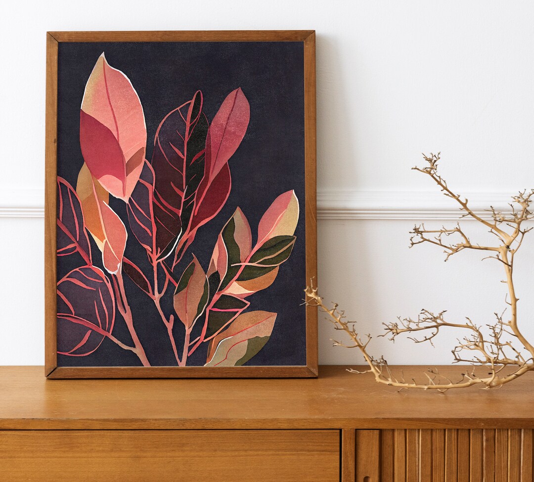 Colorful Leaves Art Print on Black Background, Tree Branch Art
