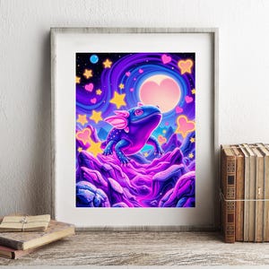 Impresión inspirada en Lisa Frank - Impresión de axolotl cósmico kawaii - Arte fantástico y caprichoso del océano - Decoración de pared con mar vibrante - Estética de galaxia de ensueño