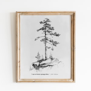 Gift for Nature Lover J.R.R. Tolkien Quote I Am at Home Among the Trees Print Naturalist Wall Art Vintage Oak Tree Charcoal